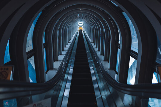 Interior view of blue hallway in Umeda Sky Building in Osaka, Japan