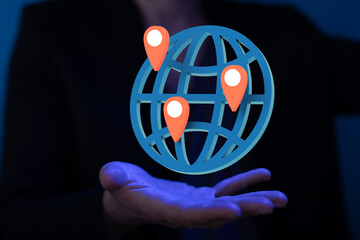 Digital hologram of the Earth with satellites on orbit. Digital globe with statistics data global