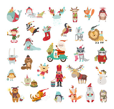 Cute illustrations of Christmas characters. Cartoon animals celebrating the new year.