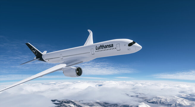 Lufthansa commercial Aeroplane flying in the sky above the mountains