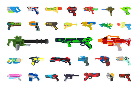 Vector collection of children's pistols and machine guns. Colorful illustration isolated on white background.