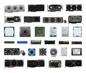 A collection of computer components in a detailed style. Realistic illustrations for a computer store.