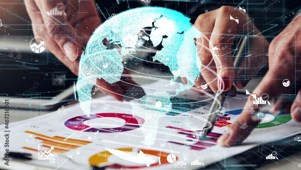 Poster conceptual business dashboard for financial data analysis . 3d render computer graphic .