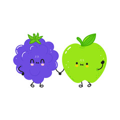 Cute happy blackberry and green apple. Vector hand drawn doodle style cartoon character illustration icon design. Happy blackberry and green apple best friends concept
