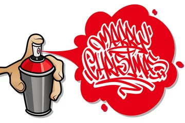 Fotobehang Hand holding an aerosol spraying a graffiti Merry Christmas text banner © Photojope