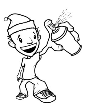 Christmas Santa Claus hat cartoon graffiti writer character, smiling with a paint aerosol on the hand. Black line on white.