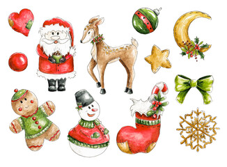 Christmas set with santa claus, deer, snowman, cookies, star, sock, snowflake. Isolated cliparts. White background. New year collection.