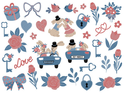 Set of vector illustrations on the theme of love, romance. 