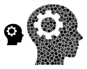 Brain gear vector collage of round dots in various sizes and color shades. Round dots are combined into brain gear vector collage. Abstract vector design concept.