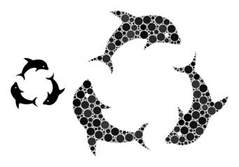 Dolphin trio vector collage of round dots in different sizes and color tints. Circle dots are composed into dolphin trio vector collage. Abstract vector design concept.