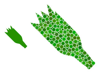 Crashed beer bottle vector composition of small circles in different sizes and color tints. Circle dots are composed into crashed beer bottle vector composition. Abstract vector design concept.