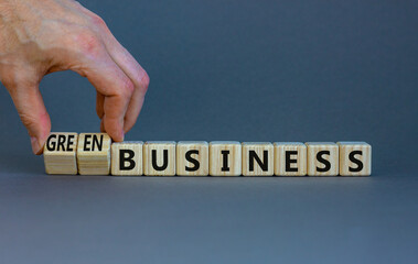 Time to green business symbol. Wooden cubes with words 'Green business'. Businessman hand. Beautiful grey background. Green success business concept. Copy space.