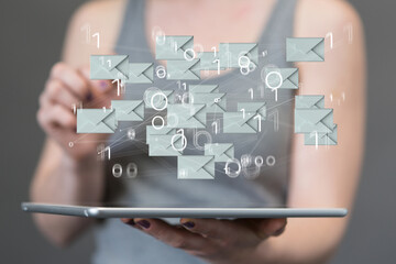 Hand holding using mobile phone with email icon on screen. Concept of business communication