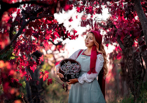 Woman holding wooden bucket of grapes standing between brown trees