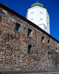The symbol of the Vyborg castle is a ginger cat named Philemon against the background of St. Olaf's...