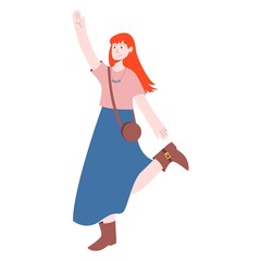 Boho outfit. Girl is wearing a skirt and a T-shirt. Vector illustration in flat style.