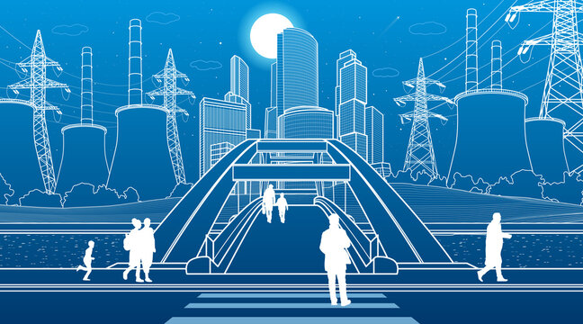 Cityscape sketch. Pedestrian bridge over the river. Power lines. Night modern city. Infrastructure town illustration. People walking at street. Vector design outline art