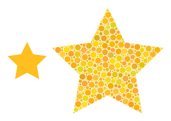 Gold star vector mosaic of round dots in different sizes and color tints. Round dots are grouped into gold star vector composition. Abstract vector design concept.