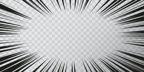 Manga effect action frame in comics book style. Black and white vector illustration of motion radial lines isolated on a transparent background