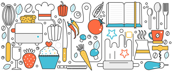 Cooking ingredients, recipe book and kitchen utensils vector illustration. Thin line culinary tableware elements for cooking banner, kitchenware border for cafe or restaurant design menu background