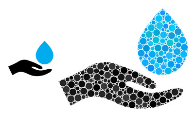 Water donation hand vector composition of small circles in various sizes and color tones. Small circles are grouped into water donation hand vector composition. Abstract vector design concept.