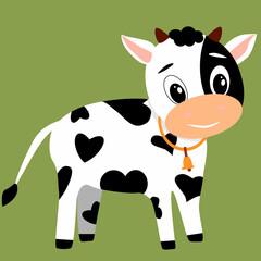 The cow Vector illustration in simple children's style. cartoon cute cow, greeting card with charming pet on green background