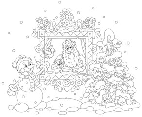 Santa Claus and his little kitten looking out of a decorated wood window and watching a funny snowman playing with a small bird, black and white vector cartoon for a coloring book