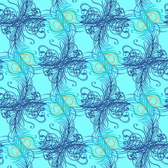 Peacock pale pink seamless vector pattern. Peafowl abstract feathers tiled print for textile or wrap paper. Hand drawn vintage linear romantic beautiful drawing pattern