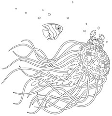 Fancy jellyfish wit long stinging tentacles, a small crab and a striped butterfly fish traveling in a tropical sea, black and white outline vector cartoon illustration for a coloring book page