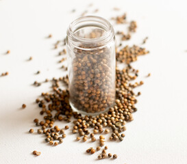 Clear Spice Jar with Coriander seeds on white background 