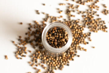 top of clear jar with coriander spice seeds on white background