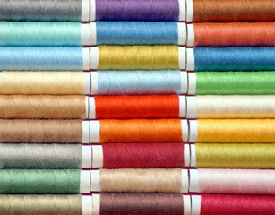 macro shot of rows of spools of multicolored threads for sewing. photo square