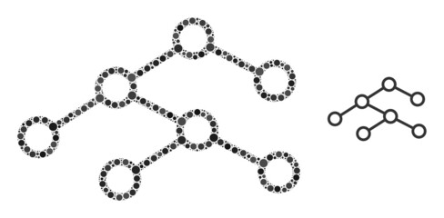 Binary tree vector composition of circle dots in various sizes and color tinges. Circle dots are composed into binary tree vector illustration. Abstract vector illustration.