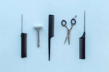 Professional barber tools with hairdressing scissors. Top view