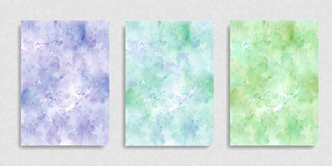 Set of abstract blue, green and mint watercolor paint spalsh vector background. Brush art ink water paper texture. Bright grunge hand drawn design illustration