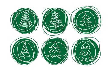 Christmas pine trees doodle border. One continuous line drawing. Simple vector green Christmas trees border