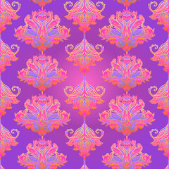 Floral paisley inspired Indian vector colorful ornate seamless pattern. Decorative style retro background, ornate design with repetition. Heraldic floral texture.