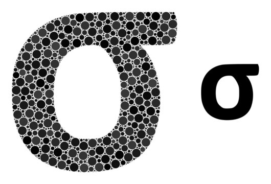 Sigma Greek lowercase symbol vector collage of dots in different sizes and color tints. Circle dots are grouped into Sigma Greek lowercase symbol vector illustration. Abstract vector illustration.