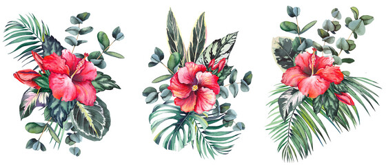 Floral bouquets with hibiscus flowers, eucalyptus and palm leaves. Watercolor illustration on white background.