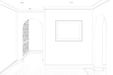 Sketch of the lobby in modern classic style with a blank horizontal poster on the wall, arched doorways, parquet floor, ceiling with recessed lights, wardrobe in the background. Front view. 3d render
