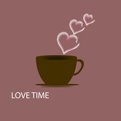 Coffee cup vector flat icon. Cup with love on brown background.Vector illustration