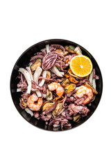 seafood mix shrimp, squid, mussel, octopus fresh meal snack on the table copy space food background 