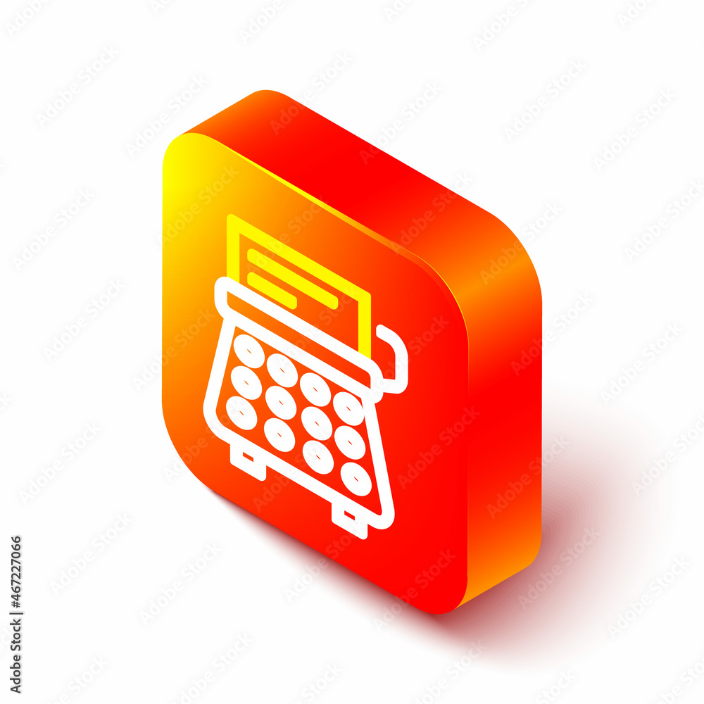 Poster isometric line retro typewriter and paper sheet icon isolated on white background. orange square but