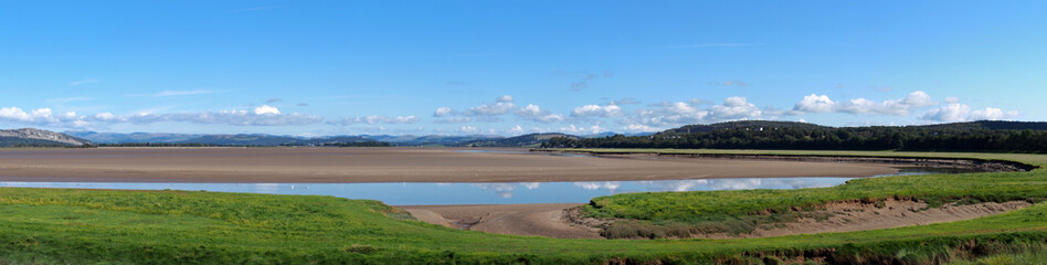 panoramic view of the river kent near arnside and sandside in cumbria with surrounding lakeland hills