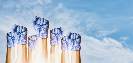 happy excited good positive doctors raising fist up feeling victory, teamwork concept. Struggling...