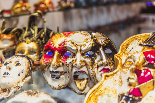 VENICE, ITALY - OKTOBER 27, 2016: Authentic colorfull handmade venetian carnival mask in Venice, Italy