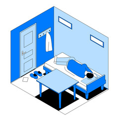 Modest housing for the poor in isometric view. The man is in a cramped room, he is sleeping in bed.