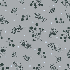 Berries of rowan, fir branches and snow on a gray background. Seamless winter monochromic doodle pattern. Suitable for packaging, wallpaper.