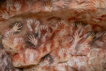 Prehistoric hand paintings at the Cave of the Hands (Spanish: Cueva de Las Manos ) in Santa Cruz...