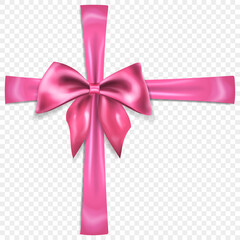 Beautiful pink bow with crosswise ribbons with shadow, isolated on transparent background. Transparency only in vector format